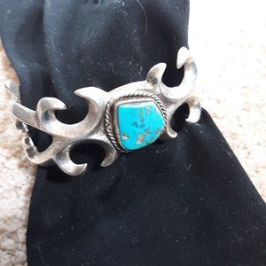 TURQUOISE PAWN BRACELET, STERLING SILVER  NAVAJO SAND CASTING